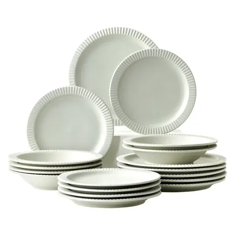 Jiwoo Collins Geschirrset 18-teilig Hellgrau: 6 Stück 8,5'' Suppenteller + 6 Stück 8,5'' Essteller + 6 Stück 10'' Essteller. Verpackt in 6 Stück pro bedruckter Innenbox, 3 Innenboxen in einer bedruckten Box, anschließend im Außenkarton. 38*24,2*29cm, 10,5kg pro Set