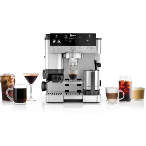 Ninja Luxe Premier 3-in-1 Kaffeemaschine mit Mahlwerk und Milchaufschäumer für Latte, Cappuccino, Cold Brew & Espresso, einfach zu bedienen, 4 Aufschäumprogramme, silber, ES601EU