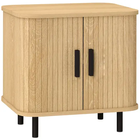 HOMCOM Bedside Table, Nordic Side Table with Roller Shutter Style Sliding Doors and Metal Legs for Bedroom Oak