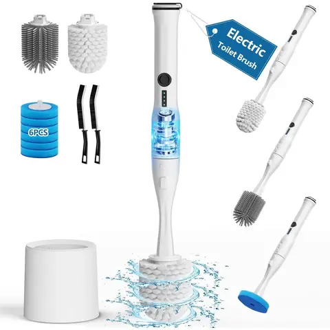 Leebein Electric Toilet Brush with Stand, Toilet Seat Cleaning Set, Includes 1 Hard Nylon Brush Head, 1 Soft Silicone Brush Head, 6 Disposable Brush Head Refills, 2 Crevice Cleaning Brushes; Valentine’s Day Sale, Gift-Ready