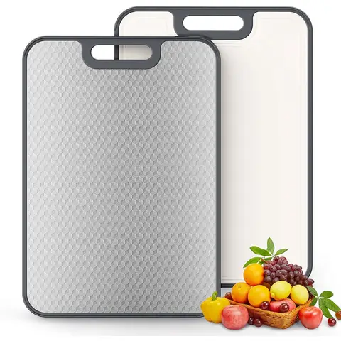 Double Sided Cutting Boards for Kitchen, Stainless Steel/Wheat Straw PP Chopping Board for Meat & Vegetables, Easy to Clean, Dishwasher Safe