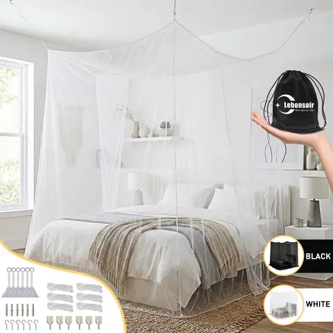 LeBonsoir Four-Sided Mosquito Net, suitable for mosquito net/bed screen/bed curtain, rectangular anti-mosquito net, suitable for camping/home use/outdoor/Travel, with 6 hanging rings and 2 openings, white, L200×W180×H180 cm