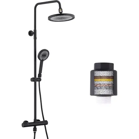Système de douche HOMELODY avec thermostat noir, ensemble complet de robinetterie de douche avec filtre, douche à pluie de 25 cm et douche à main, 3 types de jets, douche à main, ensemble de douche pour salle de bain.