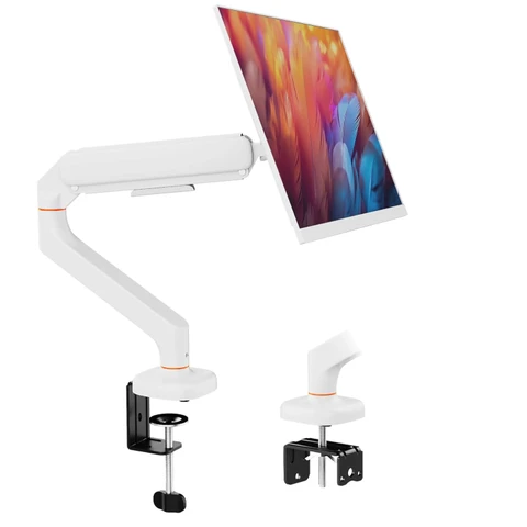 Ibergrif Einzel Monitor Arm Schreibtischhalterung für 13-32 Zoll Bildschirm, Ergonomische Höhenverstellbare Gasfeder Halterung, Neigung, Schwenkbar, Drehbar Monitor Stand mit Kabelmanagement, VESA 75/100mm, Weiß