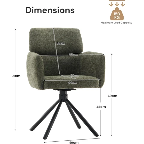 CLIPOP 1PC Chenille Swivel Tub Chair for Living Room 360 Rotating Base Luxurious Dining Armchair with Padded Seat, Desk Chair no Wheels for Dining Room Bedroom Vanity 0659-s green 59*60*91 cm