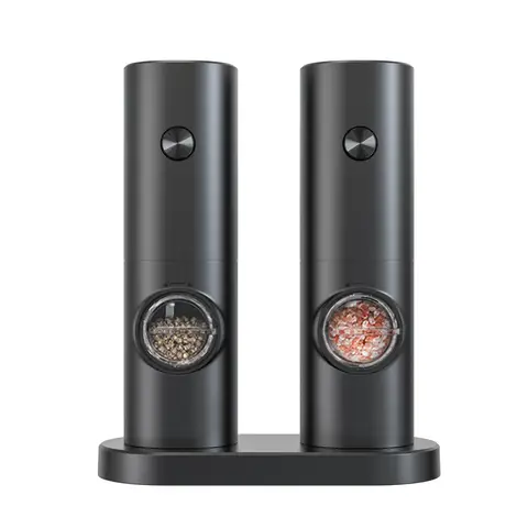 Cuisync Electric Salt and Pepper Grinder Set with Base-- Automatic Pepper Mill Grinder with LED Light, One-Hand Operation for Kitchen Gadgets(2 Pack,Black)，KYMQ-14-BS（need 4 AAA battery）