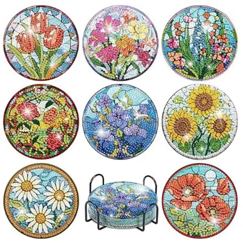 JU7CER 8-Piece 5D Full Drill Diamond Painting Coaster Set - Floral Diamond Art | DIY Gem Craft Gift 4×4 Inches (10×10cm)