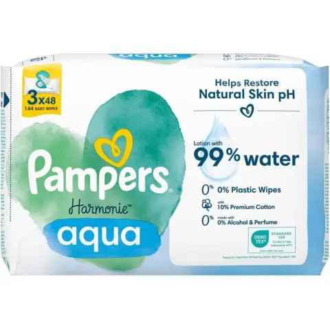 Pampers Harmonie Aqua Baby-Wipes ohne Plastik 3 x 48 Feuchttücher = 144 Baby-Feuchtputz.