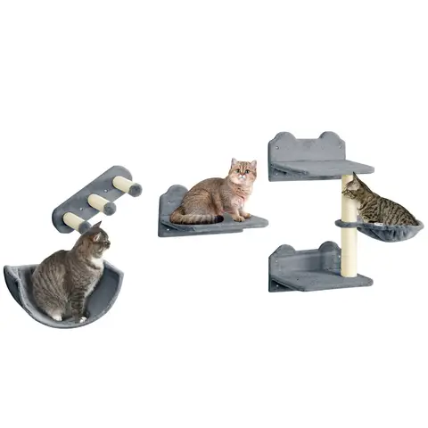PawHut Cat Wall Furniture, 4 PCS Kitty Climbing Shelves Set, Wall Mounted Cat Tree with Scratching Post, Hammock, Steps, Perches, for Indoor Kittens Sleeping Playing - Grey