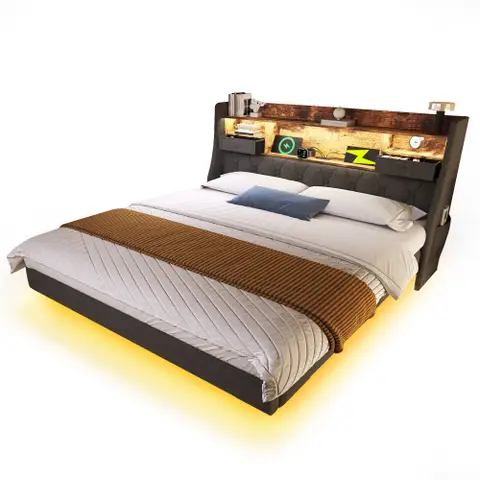 Upholstered Bed 4ft6 Floating Bed with LED Lighting, USB Type-C Charging, Storage Headboard for Cellphones and Tablets  with 