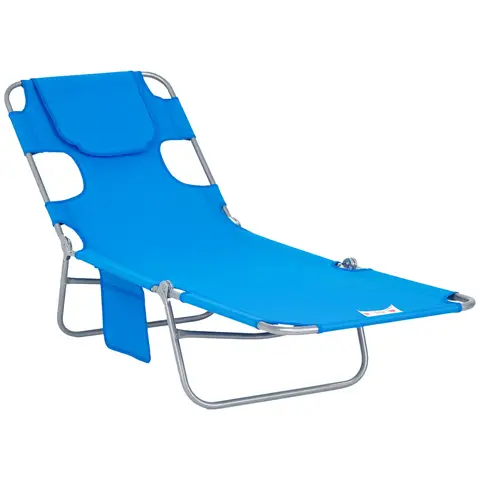 Outsunny Foldable Sun Lounger, Beach Chaise Lounge with Reading Hole, Arm Slots, 5-Position Adjustable Backrest, Side Pocket,