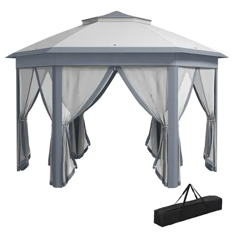 Outsunny 3 x 4m Garden Gazebo Hexagon Pop Up Gazebo Party Tent Canopy Double Roof Instant Shelter with Netting and Carry Bag for Outdoor Patio, Grey