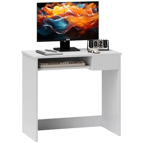 HOMCOM 80cm Compact Computer Desk with Keyboard Tray, Home Office Desk with Drawer for Bedroom Study White