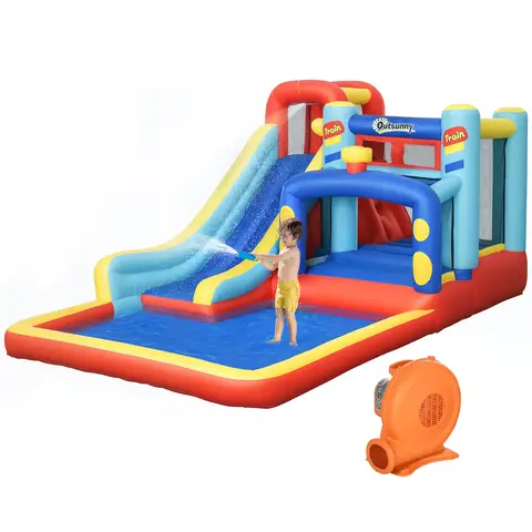 Outsunny Bouncy Castle with Water Slide, Trampoline Climbing Wall, 4 in 1 Kids Inflatable Bounce House with Blower Storage Bag, for Kids Indoor, Outdoor, 4.35 x 2.45 x 2m