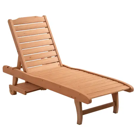 Outsunny Garden Patio Sun Lounger, Outdoor Wooden Sun Bed with Built-In Table, Reclining Backrest and Rolling Wheels for Sunb