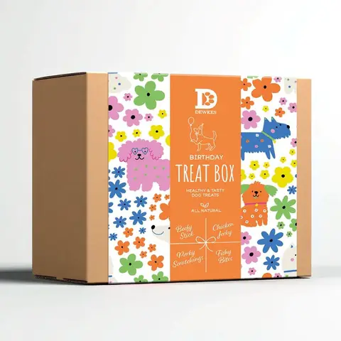 Dewkes Snacks for Dogs - Birthday Treat Box (1 x Beefy Stick, 1 x Chicken Jerky, 1 x Porky Scratchings, 1 x Fishy Bites) - 4 x 300g