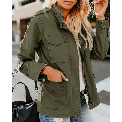 Women Military Anorak Jackets Zip Up Snap Buttons Parka Safari Utility Coats Outwear with Pocket (militarygreen, M)