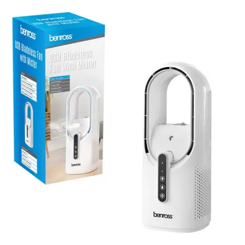 USB Bladeless Fan With Mister, White, humidifer, 7 colour LED , 3 Speed fan - 38639