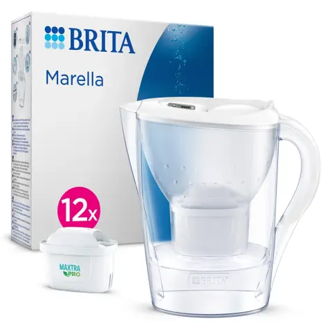 BRITA Marella Water Filter Jug White (2.4L) incl. 12x MAXTRA PRO Pure Performance cartridge - fridge-fitting pitcher with digital LTI and Flip-Lid reduces chlorine, limescale and impurities