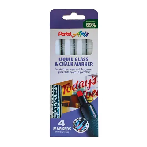 Pentel Semi-Permanent Wet-Erase Liquid Glass & Chalkboard Marker White Pack of 4
