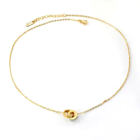 Double Circle White Diamonte and Roman Numeral 18K Gold Plated 44cm Necklace
