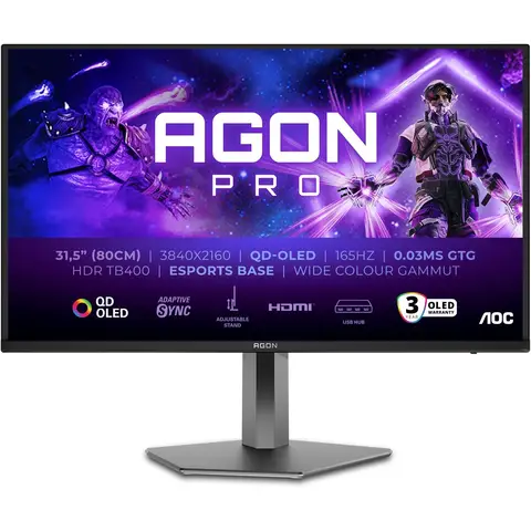 AOC AGON PRO AG326UD 32" QD-OLED 4K 165 Hz 0.03ms Height Adjustable Built in Speakers Gaming Monitor