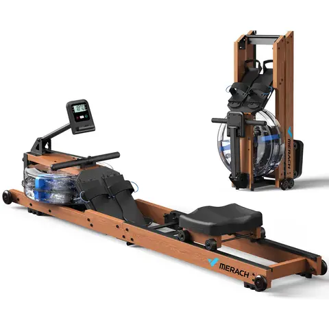 MERACH Faltbares Holz-Rudergerät für das Heimtrainingsstudio, Wasserrudergerät mit 180 kg Tragfähigkeit, spezielles Display und bequemer Sitz, kostenlose MERACH-App für ein intensives Workout.