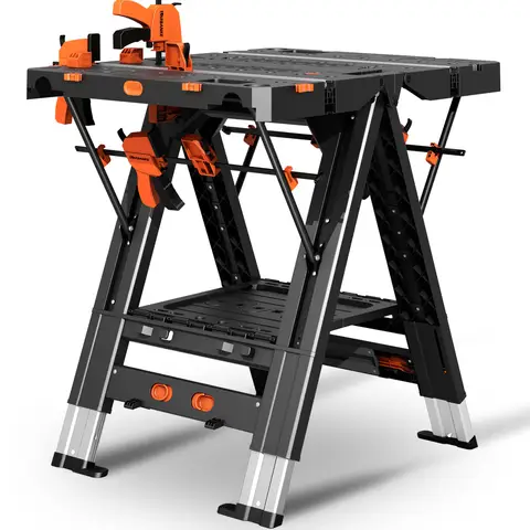 LARBANKE 2-In-1 Folding Workbench Waterproof Height Adjustable Multifunction Work Table 79×81×63.5cm With 4 Woodworking Clamps 4 Connecting Blocks 2 Limit Blocks For Garage Workshop Repair DIY