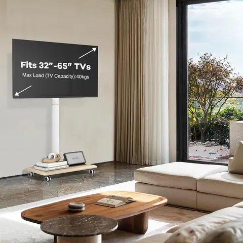 White TV stand on Wheels for 32-65 Inch TVs,Max. VESA 400x400mm, up to40kg