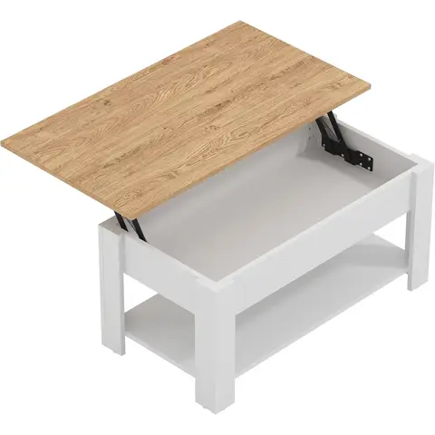 Galano Brixburn Lift Up Coffee Table with Hidden Storage & Shelf, Modern 2-Tier Space Saving Living Room Centre Table, Engineered Wood, White Oak Finish, 89.5 x 49.5 x 40 cm