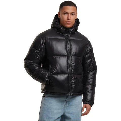 Urban Classics glanzende pufferjack met kap winterjassen/kleding zwart maat L