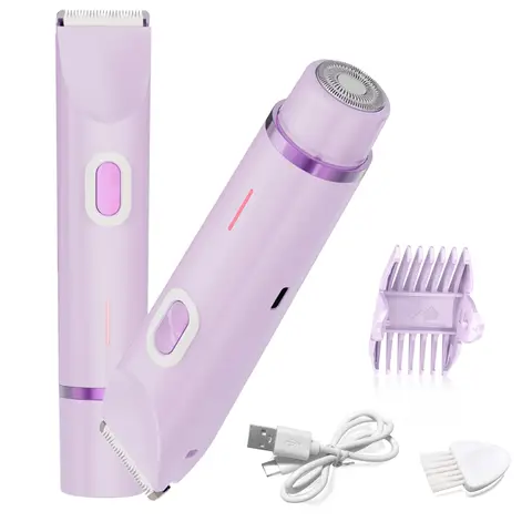 Electric Shaver for Women, 2-in-1 Electric Razor for Womens Legs Underarm Face Pubic Hairs, Rechargeable Razor Body Hair Trimmer Wet & Dry Use,Purple