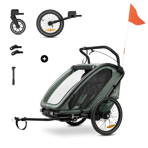 Hauck 3in1 Bike Trailer Bike N Walk Duo for 2 Kids (up to 44 kg) - Bike Trailer, City Buggy & Outdoor Companion - Dark Green