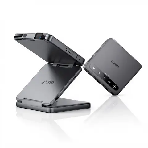 Aurzen Tri-Fold DLP Mini Beamer mit Akku 5000mAh, 1,5 Stunden Laufzeit, Tragbarer Projektor 4k unterstützt mit ToF-Autofokus, Bluetooth, WLAN und USB-C für Outdoor, Heimkino, Reisen, und Zeichnen, , Grau 