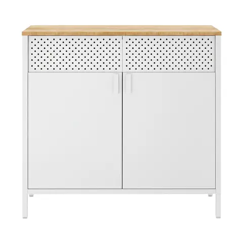 SONGMICSHOME Buffet de Rangement en Acier, Armoire à Double Porte pour Salon, Fermeture Magnétique, Métal, Beige et Blanc