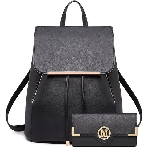 Miss Lulu Backpack Womens with Long Purse Fashion Backpacks Black Backpack Ladies PU Leather Waterproof Daypack Medium School Work Travel Black