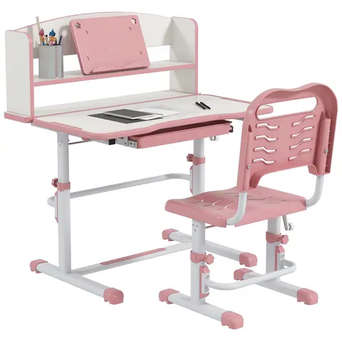 ZONEKIZ Kids Desk and Chair Set, Height Adjustable Children School Study Table with Drawer, Bookshelf, Adjustable Angle Tabletop, Non-slip Mat, for Ages 6-12 Years - Pink