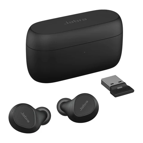 Jabra Evolve2 Buds True Wireless Bluetooth-Ohrhörer mit aktiver Geräuschunterdrückung (ANC), Multisensor-Sprachtechnologie, zertifiziert für Online-Meetings, inkl. kabelloser Ladestation, Schwarz
