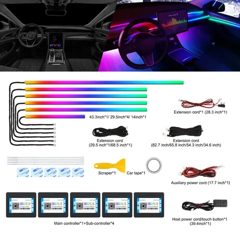Dreamcolor Acrylic Interior Car LED Strip Light with Wireless APP, RGB 6 in 1 with 175 inches 593 LEDs Fiber Optic Strip Lights for Car, Dynamic Chasing Music Sync Neon Car Ambient Lighting Kits