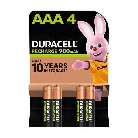DURACELL Rechargeables Piles AAA (lot de 4 piles), 900 mAh, NiMH, pré-chargées, Nos piles rechargeables qui durent le plus longtemps, un packaging recyclable 0% plastique