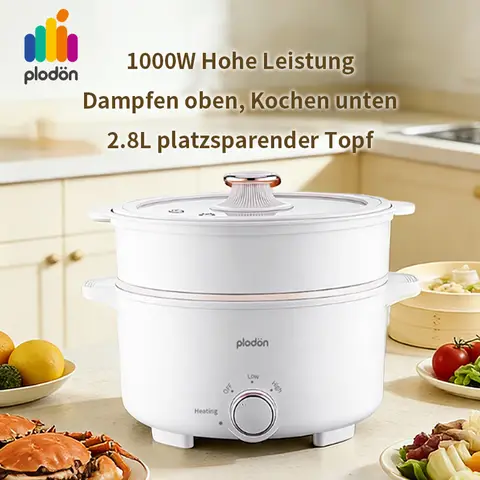 Plodon 1000 W, 2,8 L, multifunktionaler elektrischer Topf mit Antihaftbeschichtung und Dampfgarer, elektrischer Reisekocher für unterwegs, Fondue, mit doppelter Leistungsregelung für Ramen-Nudeln/Pasta/Eier/Suppe/Haferflocken