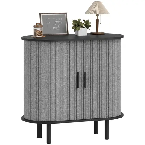 HOMCOM Fluted Sideboard with Tambour Sliding Doors, Modern Storage Cabinet, Kitchen Cupboard with Storage Shelves and Wooden Legs for Living Room, Dining Room, Grey