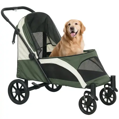 PawHut Dog Stroller, Easy Folding Pet Stroller for Large Dogs, Puppy Pram Pet Pushchair with 4 Big Wheels Green