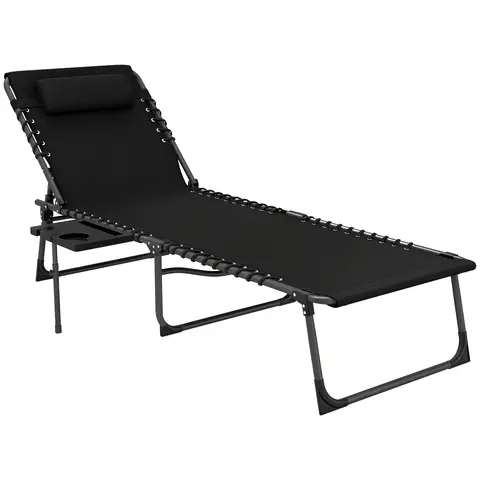 Outsunny Folding Sun Lounger with Cup Holder, 5-Position Adjustable Reclining Garden Lounger, Portable Recliner Sunbed with S