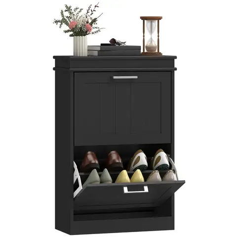 HOMCOM 2 Drawers Entryway Shoe Cabinet, Narrow Shoe Storage Cabinet with 2 Flip Doors and Adjustable Shelves Black