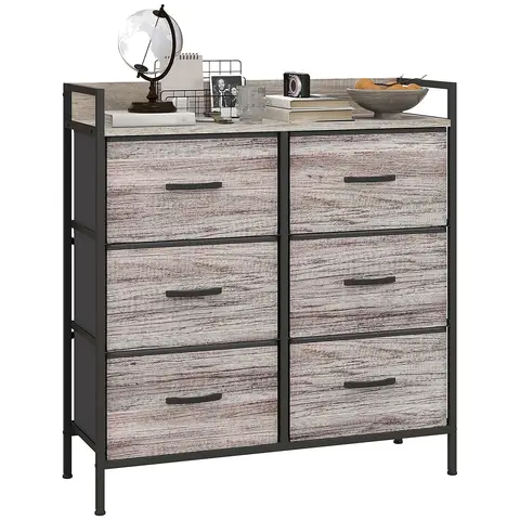 HOMCOM Bedroom Chest of Drawers, Fabric Dresser with 6 Drawers, Storage Organiser Unit with Shelf and Metal Frame Grey