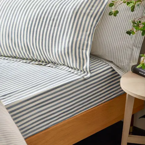 Yard Pillowcase Pair Hebden Stripe Reversible 100% Cotton Navy