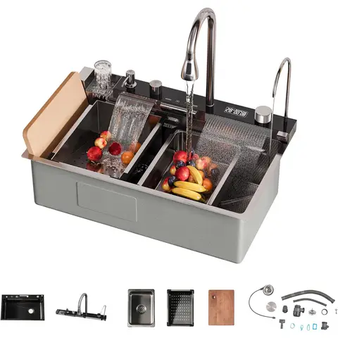 Homary Évier de cuisine multifonction en acier inoxydable noir, évier intelligent avec mitigeur à douchette extractible, planche à découper et égouttoir, finition dorée - 29 pouces (73,7 cm)