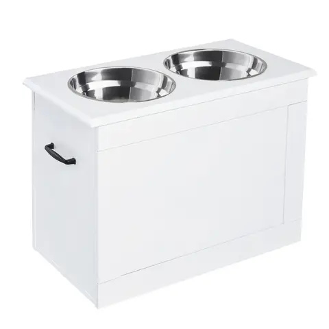 PawHut Raised Dog Bowls, Pet Feeding Storage Station with Two Stainless Steel Bowls, Base, for Large Dogs White