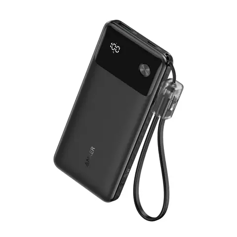 Anker Power Bank, 10,000mAh Portable Charger 22.5W Output with USB-C Lanyard Cable, Black